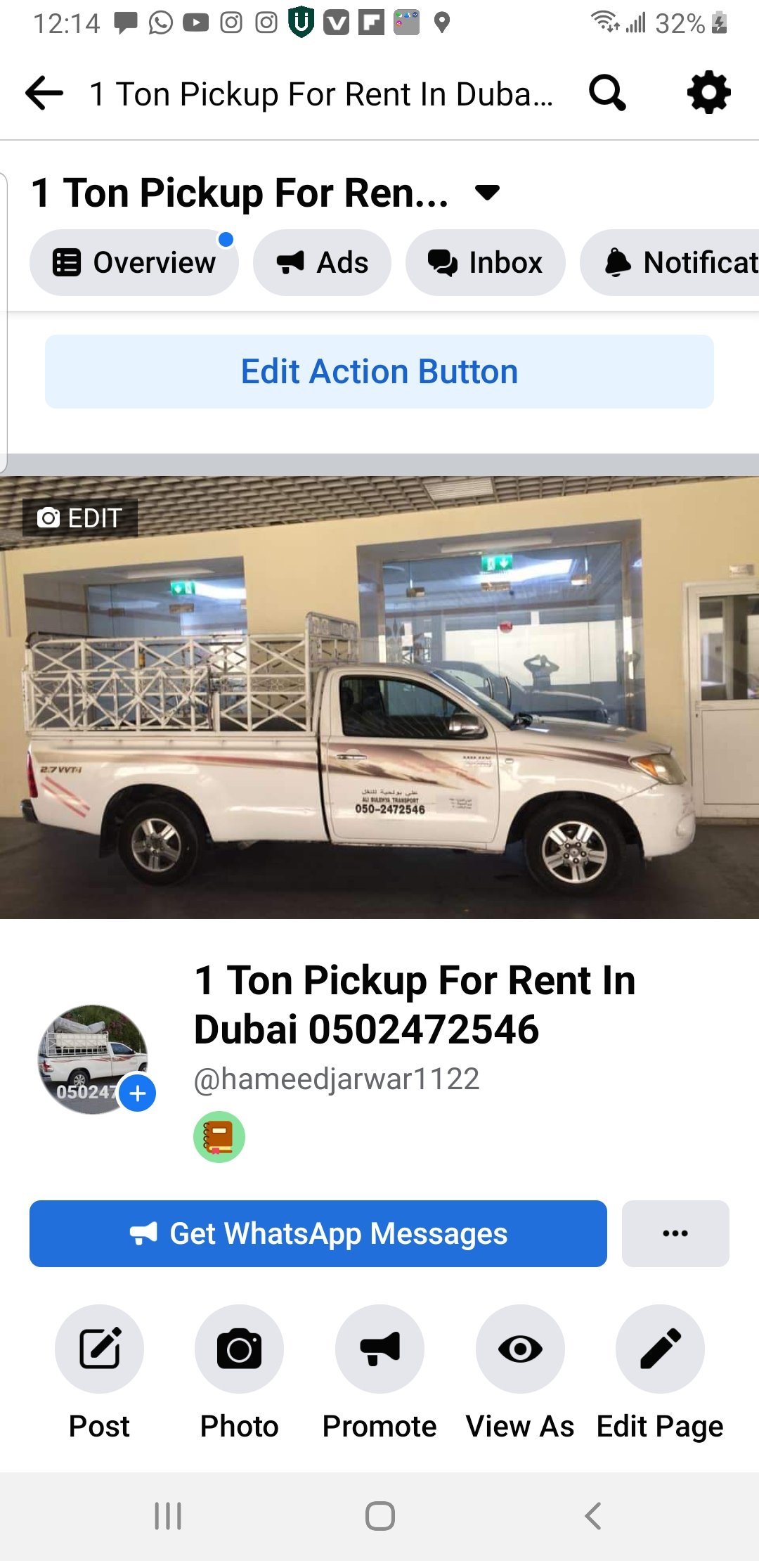 1 Ton pickup for rent in sports City 0566574781